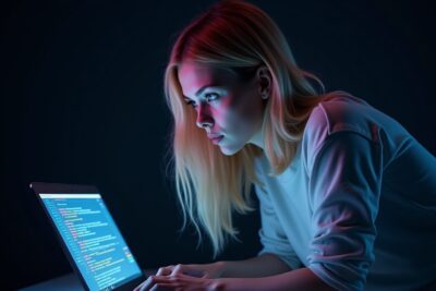 Das hochgeladene Bild zeigt eine fokussierte junge Frau, die intensiv an einem Laptop arbeitet, dessen Bildschirm von CSS-Code beleuchtet wird. Das dunkle, minimalistische Ambiente des Bildes hebt die Frau und ihren Laptop durch weiche Lichteffekte hervor, die in Blau- und Rottönen den Kontrast verstärken. Diese Beleuchtung verstärkt die technische und kreative Atmosphäre, in der die Designerin arbeitet. Das Bild passt perfekt zum Thema Digitaldesign und der Unterstützung durch ChatGPT CSS, da es die Konzentration und das Engagement zeigt, die oft erforderlich sind, wenn ein Digitaldesigner an technisch komplexen Aspekten wie CSS arbeitet. Als Digitaldesigner in Österreich findet man sich oft in ähnlichen Situationen wieder, in denen technische Herausforderungen durch KI-Hilfsmittel wie ChatGPT einfacher und effizienter gelöst werden können.