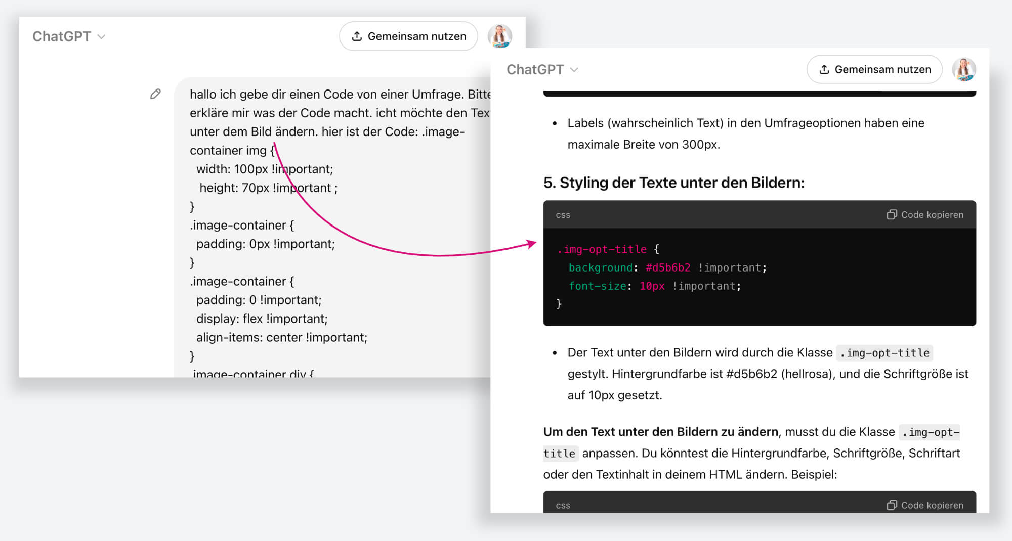 ChatGPT CSS ausschnitte mit dem Prompt zur Code Optimierung